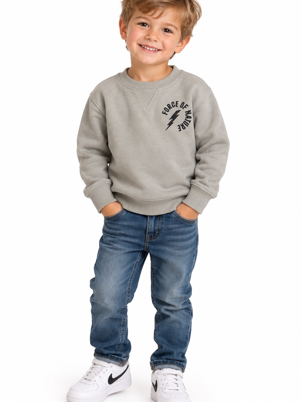 Old Navy Boys Crewneck Sweatshirt in Light Gray with 'Force of Nature' Graphic